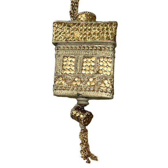 Vintage Handmade Ivory Metallic Gold Wood Curved Box Chain Tassel Crossbody - Picture 4 of 11